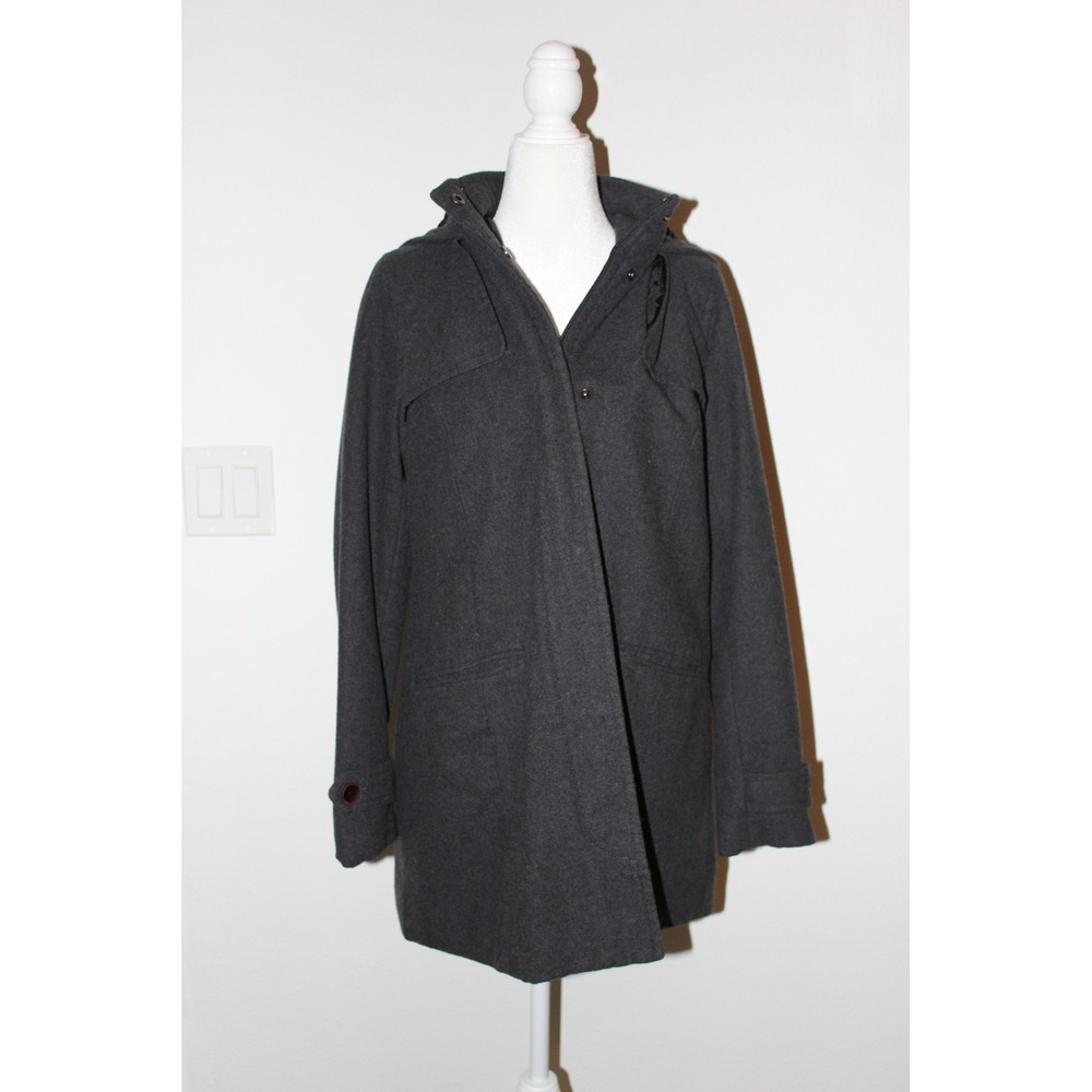 A New Day Charcoal Grey Hooded Trench Coat Mid Length Zip Snap Front Jacket